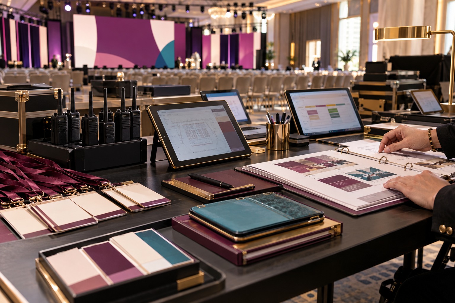 A conference production command desk
